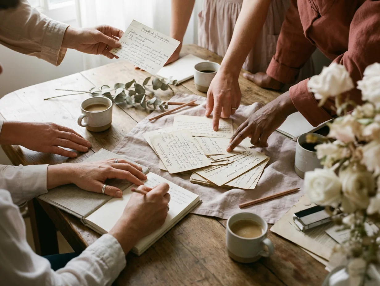 Vue de dessus d'une tablée familiale, plusieurs paires de mains autour de fiches recettes manuscrites éparpillées, tasses de café, eucalyptus et bouquet de fleurs blanches sur un linge rose poudré
