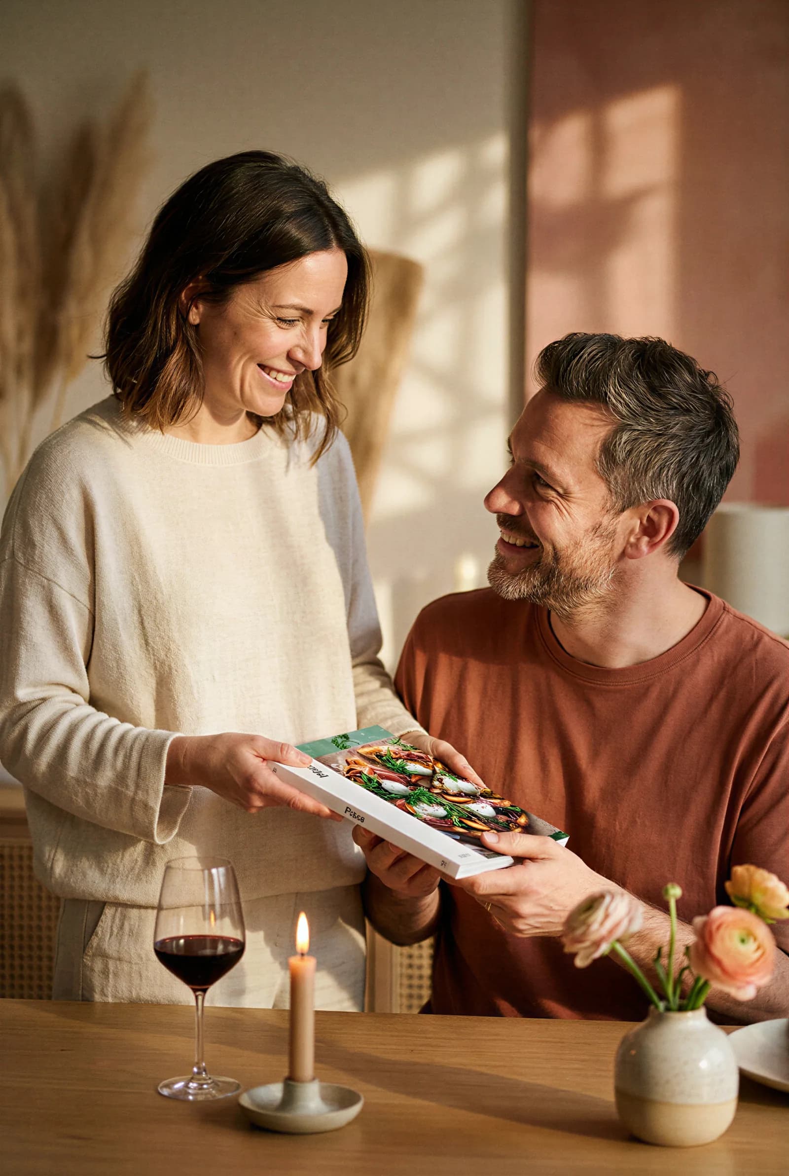 Un couple s'offre un livre de recettes YAYA autour d'un verre de vin et d'une bougie