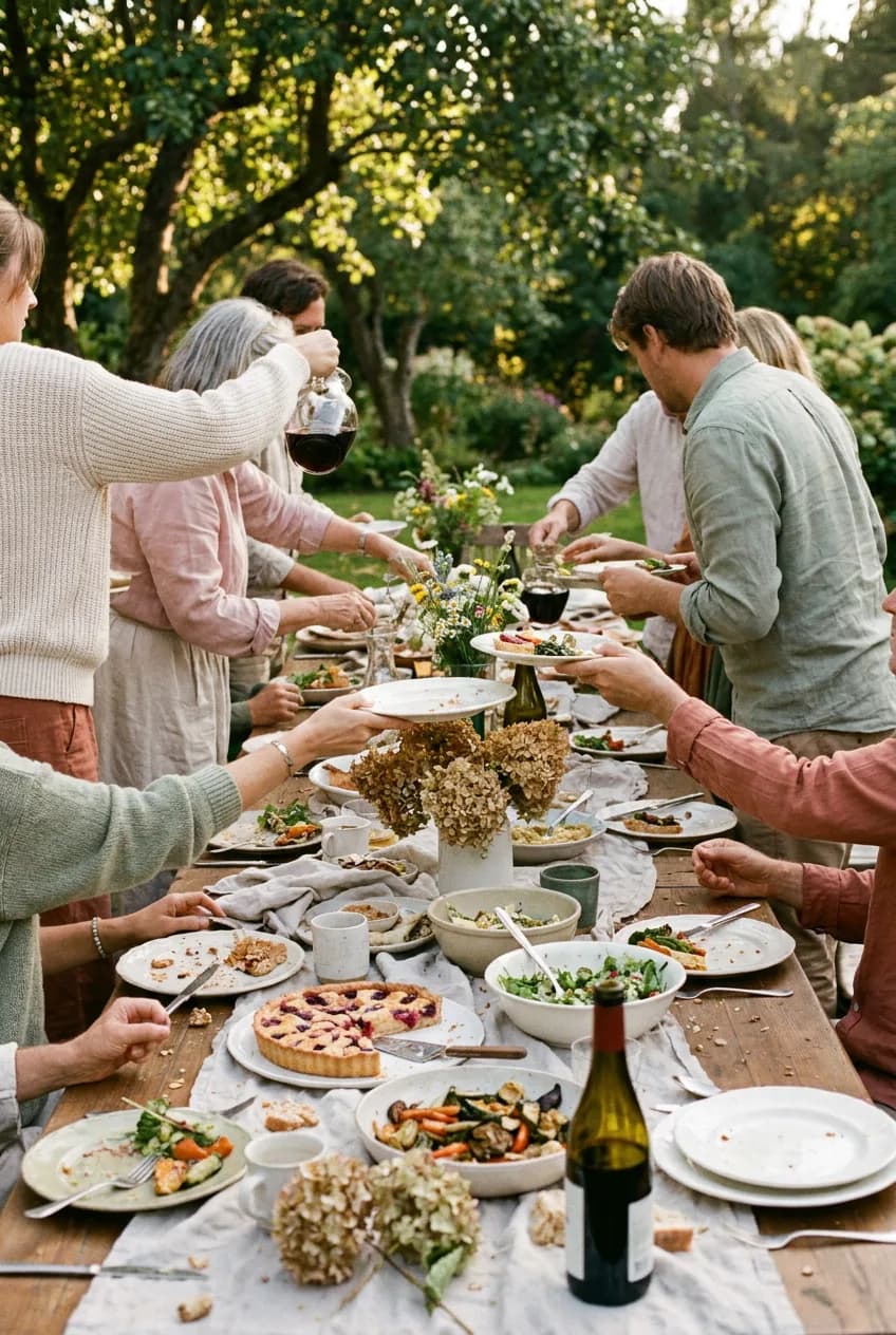 Une grande tablée familiale réunie dans un jardin l'été, vin qui se sert, plats, tarte aux fruits rouges, bouquets de fleurs séchées, mood généreux