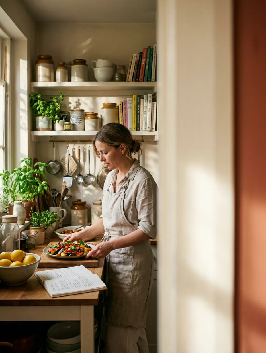 Une créatrice invitée YAYA en robe de lin prépare une recette dans sa cuisine étroite et lumineuse, devant un livre de recettes ouvert