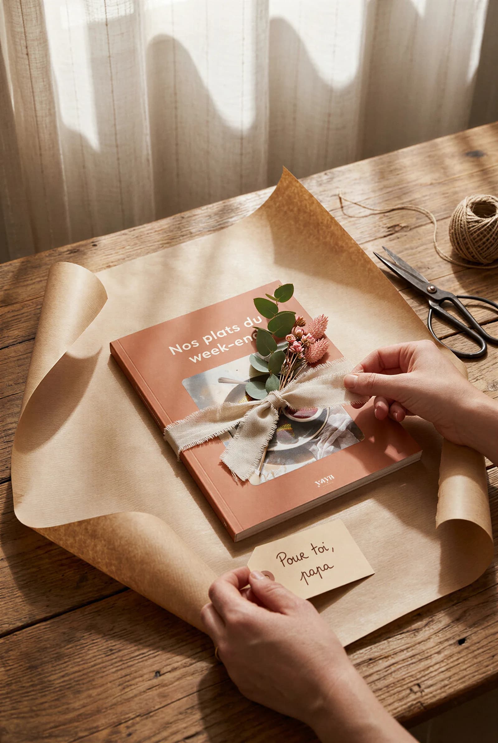 Mains qui emballent un livre YAYA dans du papier kraft avec un ruban de lin et une étiquette manuscrite « Pour toi, Papa »