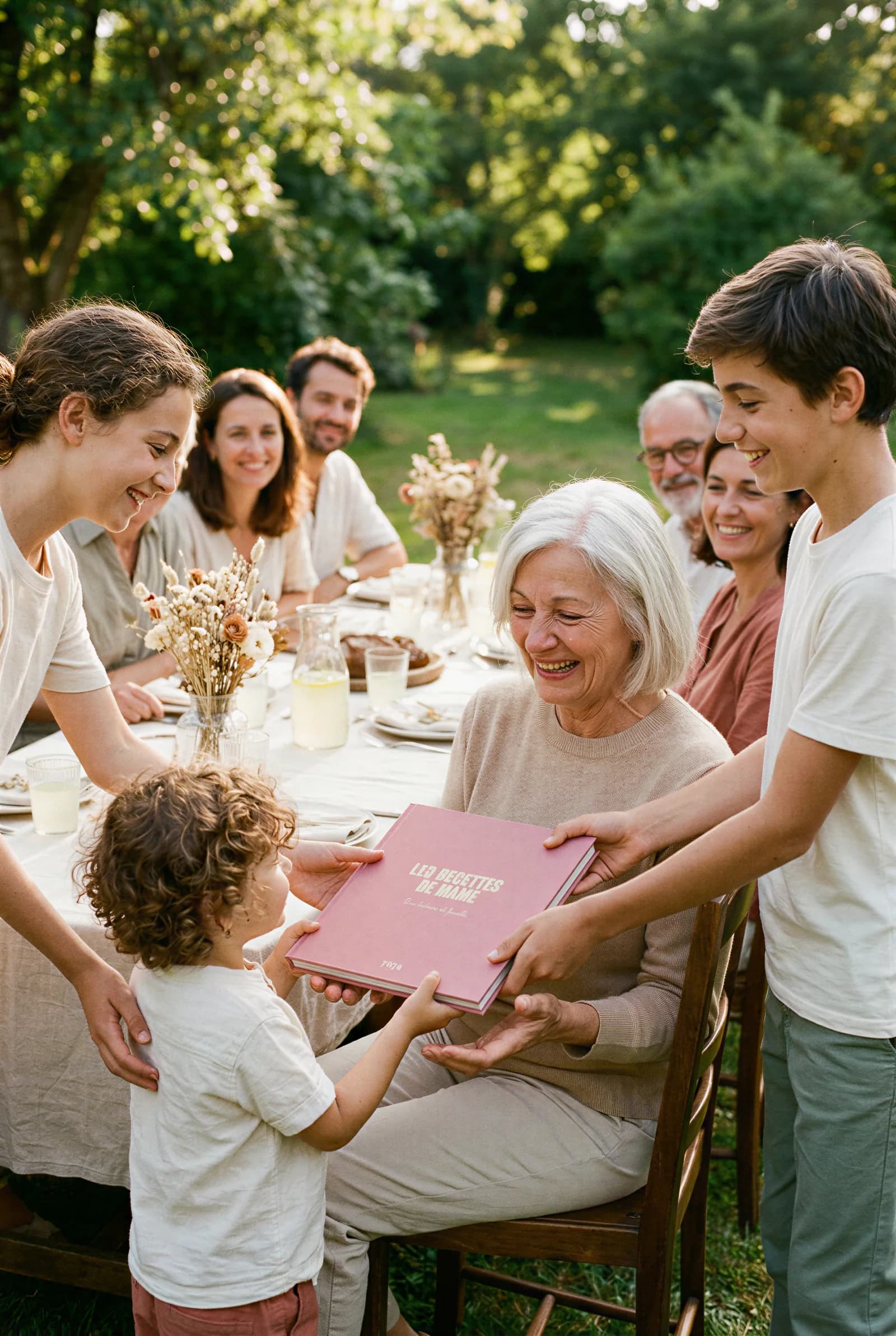 Une grand-mère reçoit en cadeau un livre de recettes YAYA des mains de sa famille réunie autour d'un repas