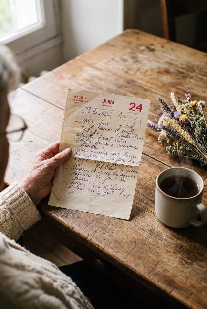 La main d'une grand-mère tient une recette de clafoutis écrite à l'encre bleue sur une page d'éphéméride du 24 juin, posée sur une table en bois à côté d'une tasse de café et d'un bouquet de fleurs séchées