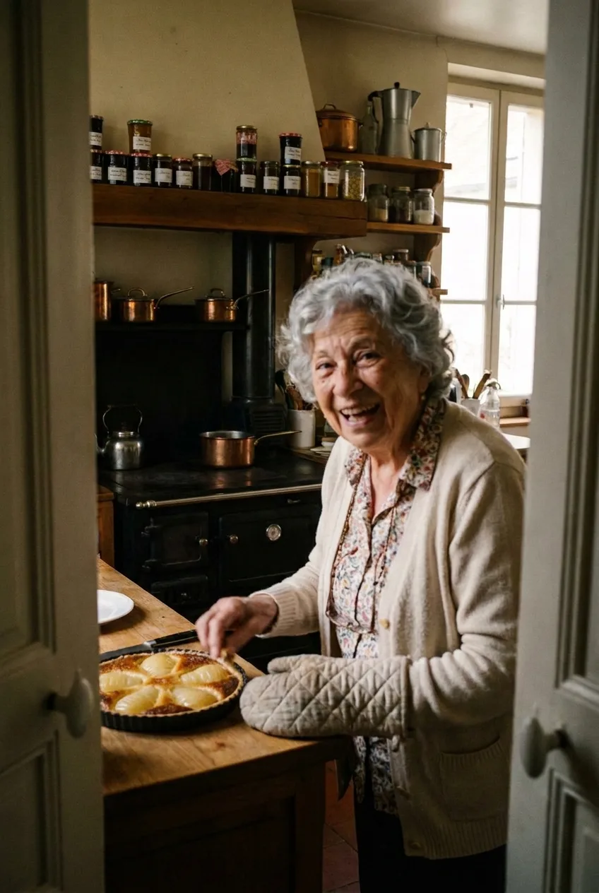 Une grand-mère aux cheveux blancs sourit dans sa cuisine, un gant isolant à la main, devant une tarte aux poires posée sur le plan de travail en bois