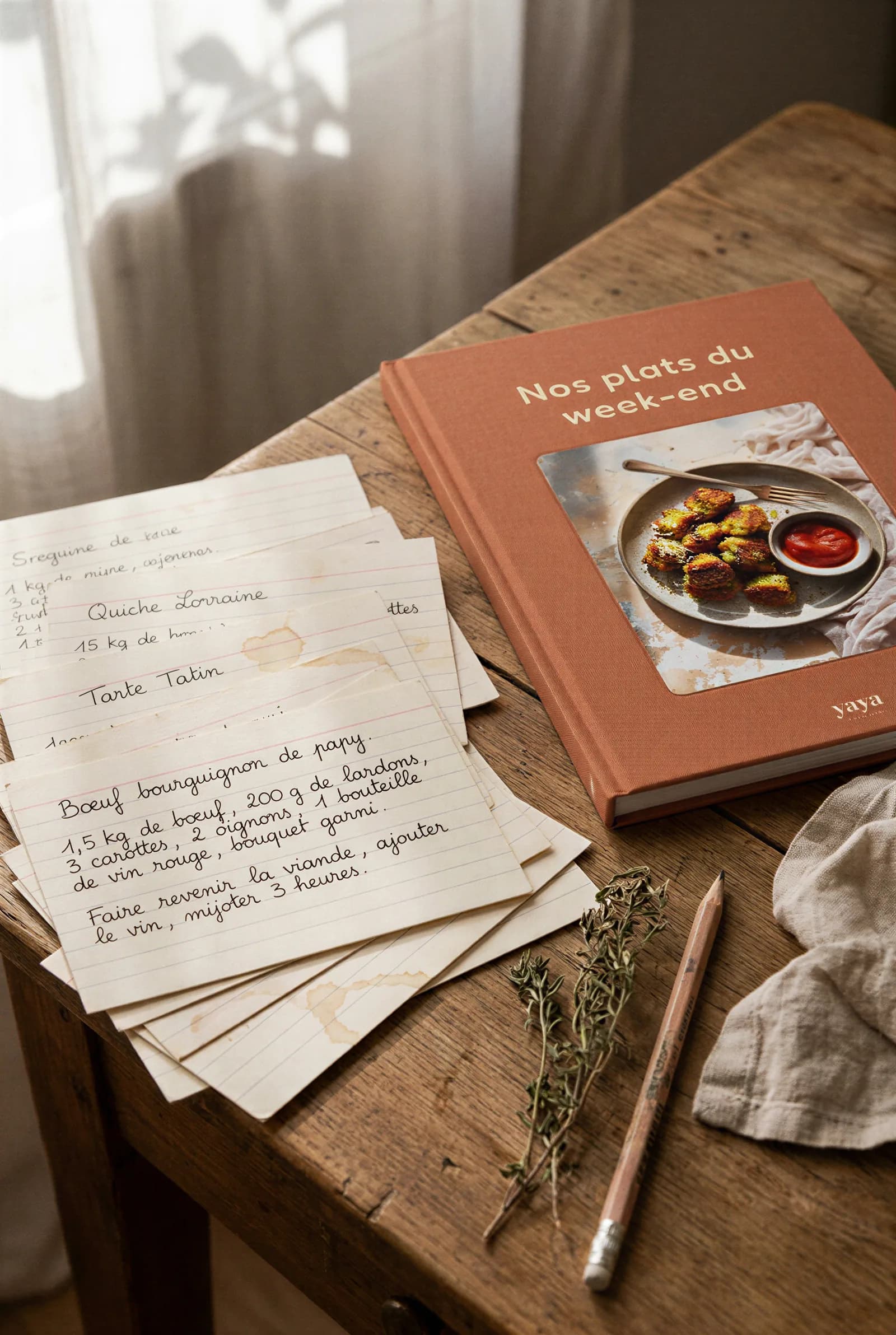 Livre YAYA Nos plats du week-end posé à côté de fiches recettes manuscrites de famille, dont Bœuf bourguignon de Papy, avec un brin de thym et un crayon