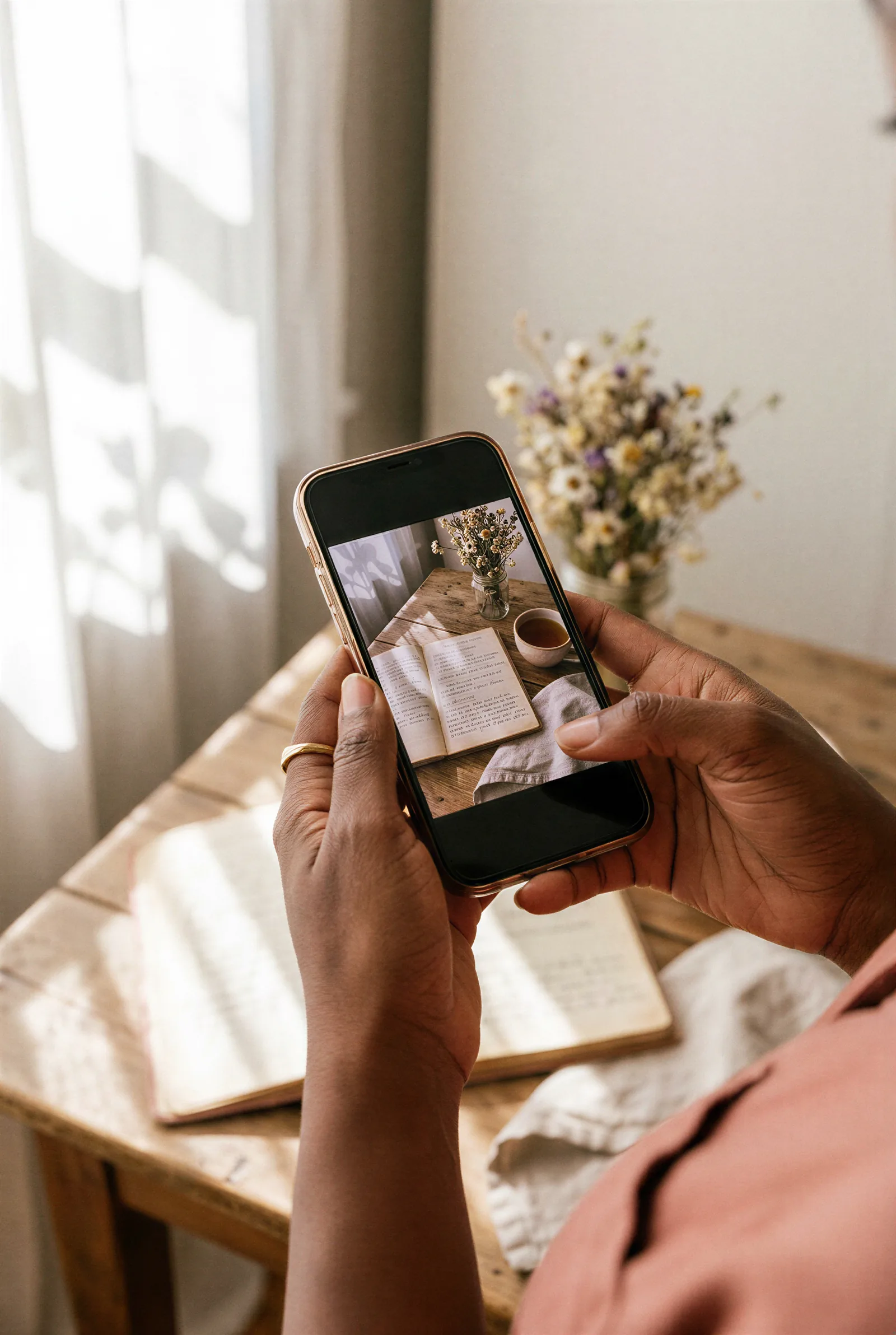 Une femme prend en photo avec son téléphone un carnet de recettes de famille manuscrit