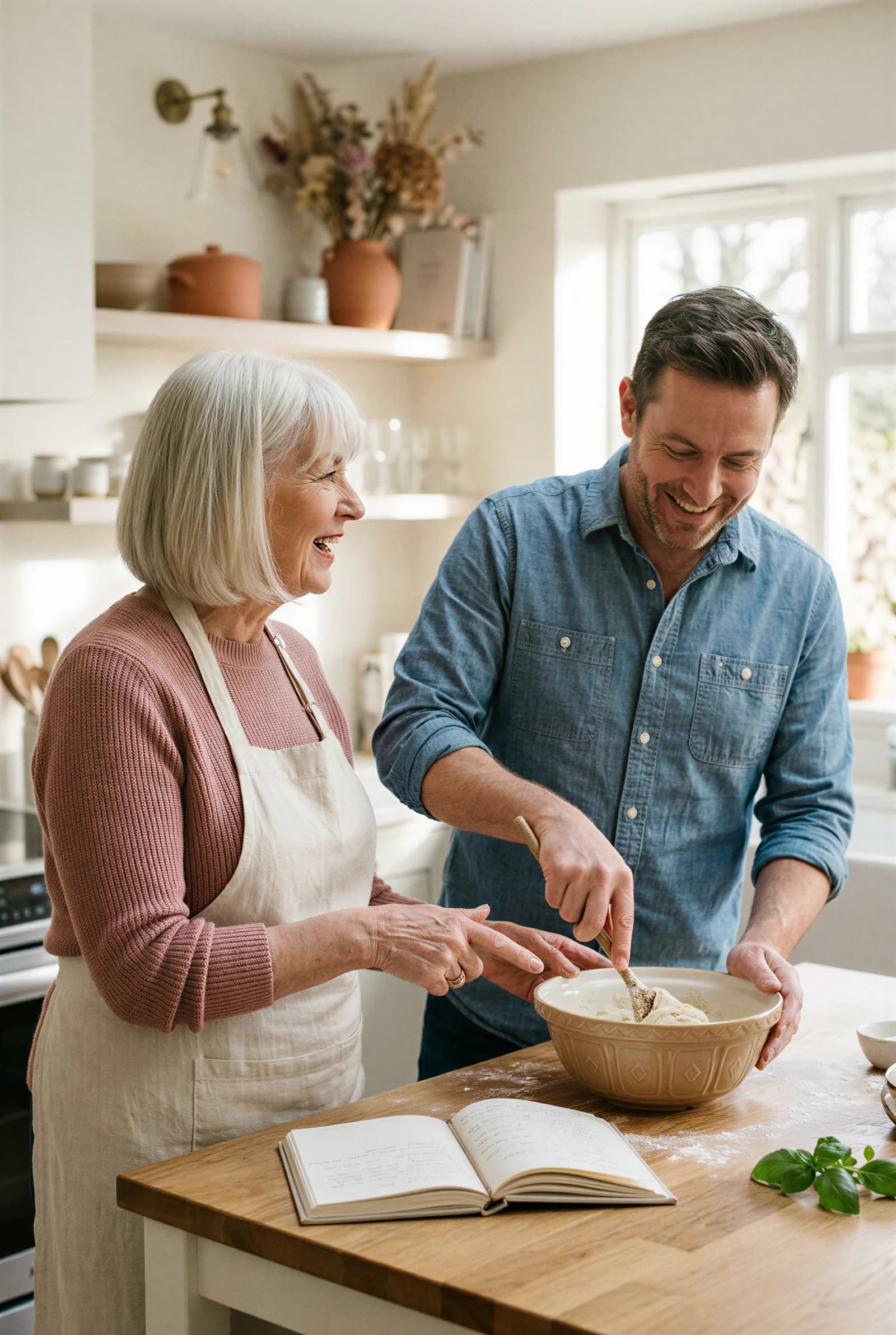 Une mère et son fils adulte préparent une pâte ensemble dans une cuisine claire, un livre de recettes YAYA ouvert devant eux