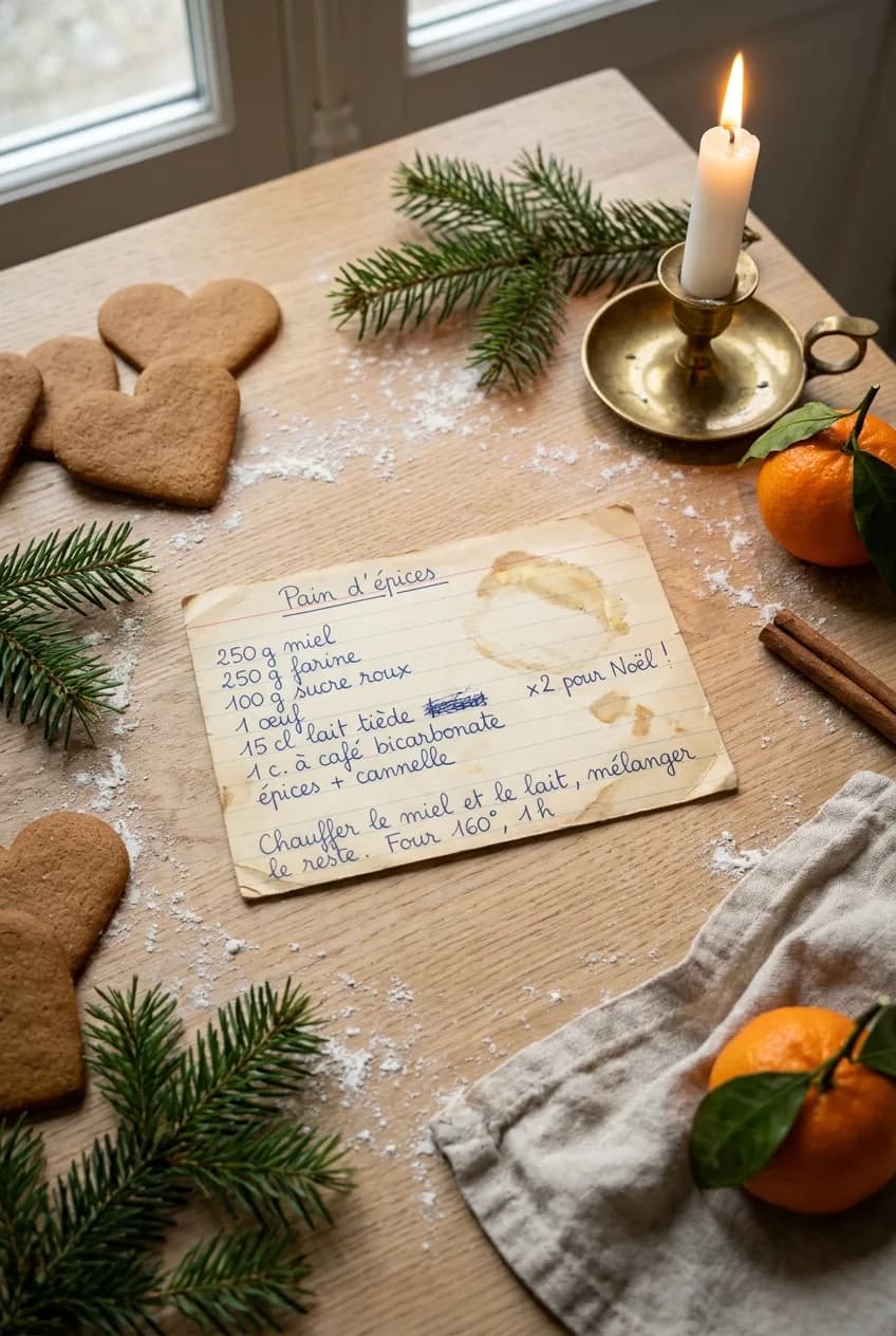 Une fiche de recette de pain d'épices écrite à la main et tachée, posée sur une table en bois entre des biscuits, des branches de sapin et une bougie