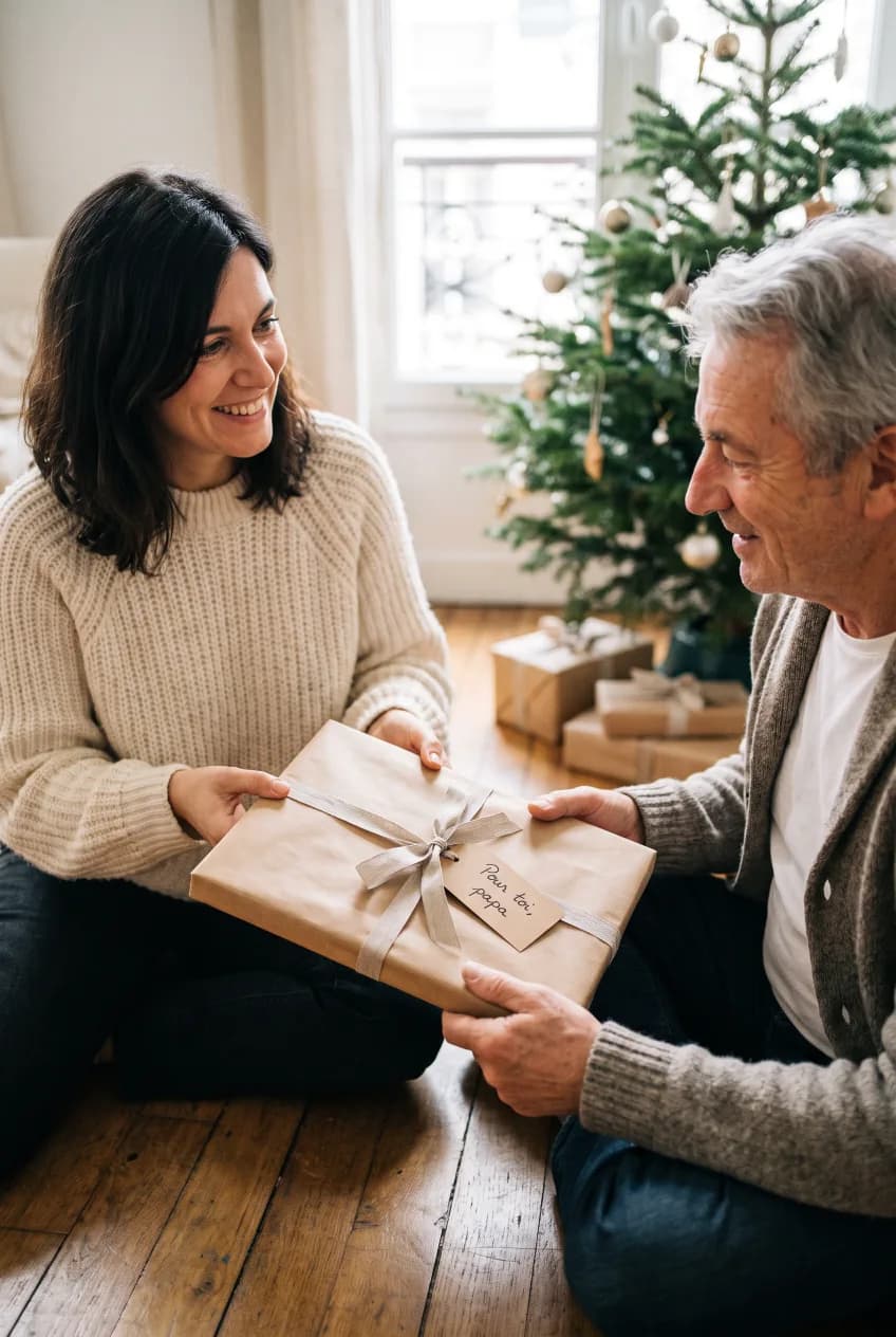 Une femme offre à son père, assis devant le sapin, un livre emballé dans du papier kraft avec une étiquette manuscrite « Pour toi, papa »