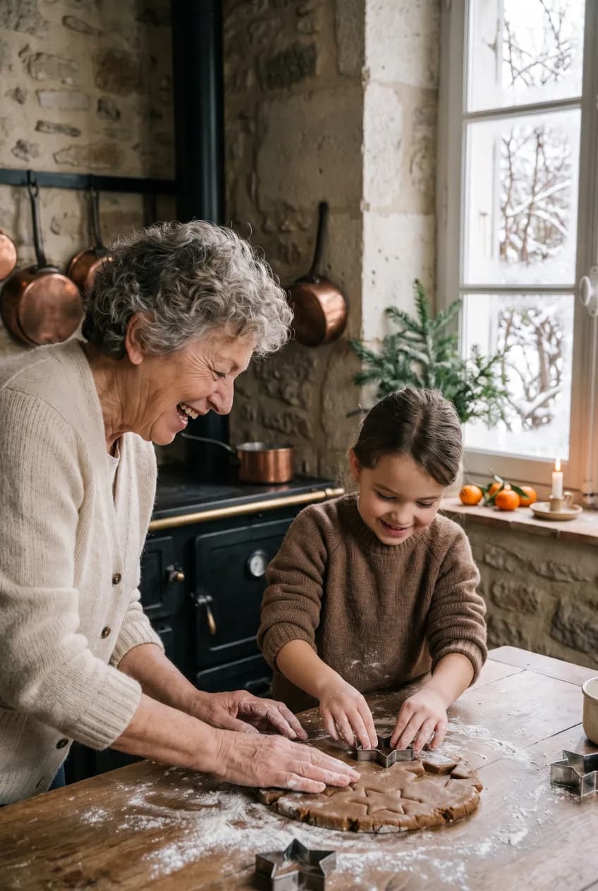 Une grand-mère aux cheveux gris bouclés et sa petite-fille en pull marron découpent des étoiles à l'emporte-pièce dans une pâte à pain d'épices, devant une cuisinière en fonte et une fenêtre enneigée