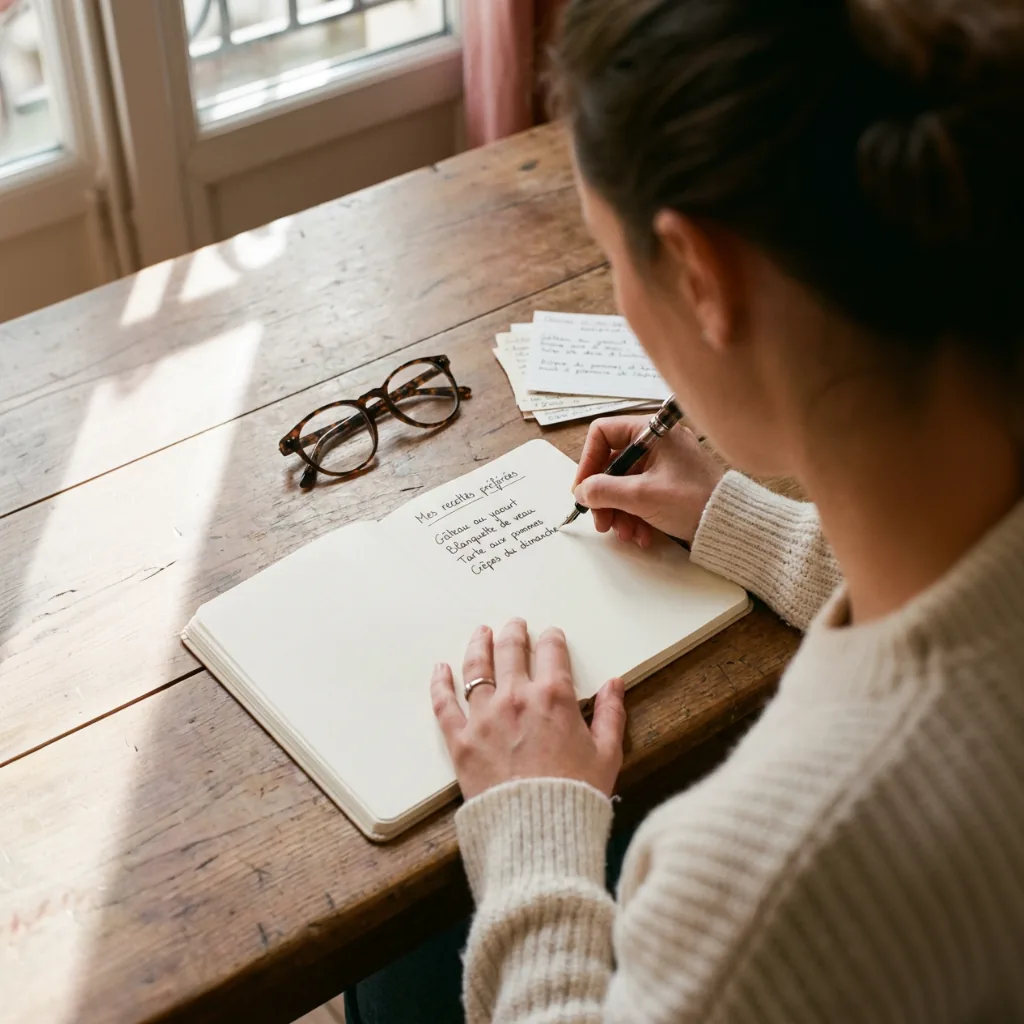 Une femme en pull crème écrit ses recettes dans un cahier sur une table en bois clair, lunettes vintage et autre cahier posés à côté
