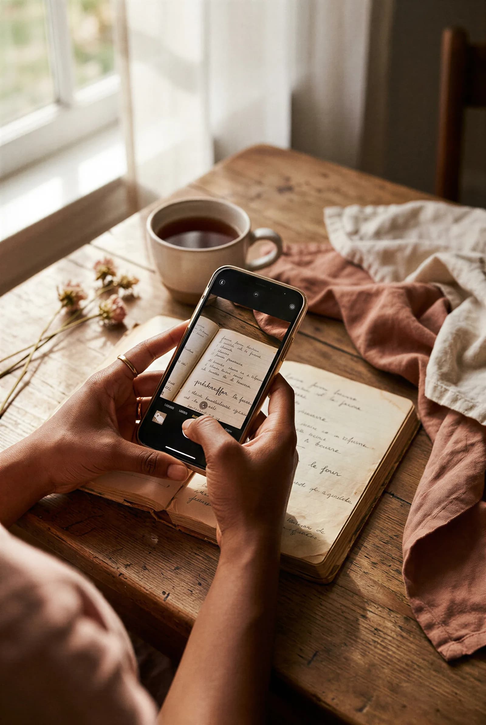 Une femme prend en photo avec son téléphone un carnet de recettes de famille manuscrit posé sur une table en bois clair