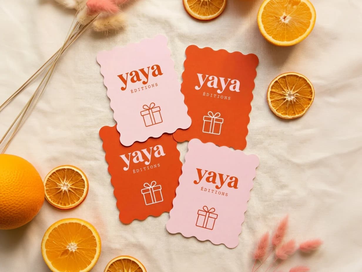 Les cartes cadeaux YAYA Éditions disposées en flatlay