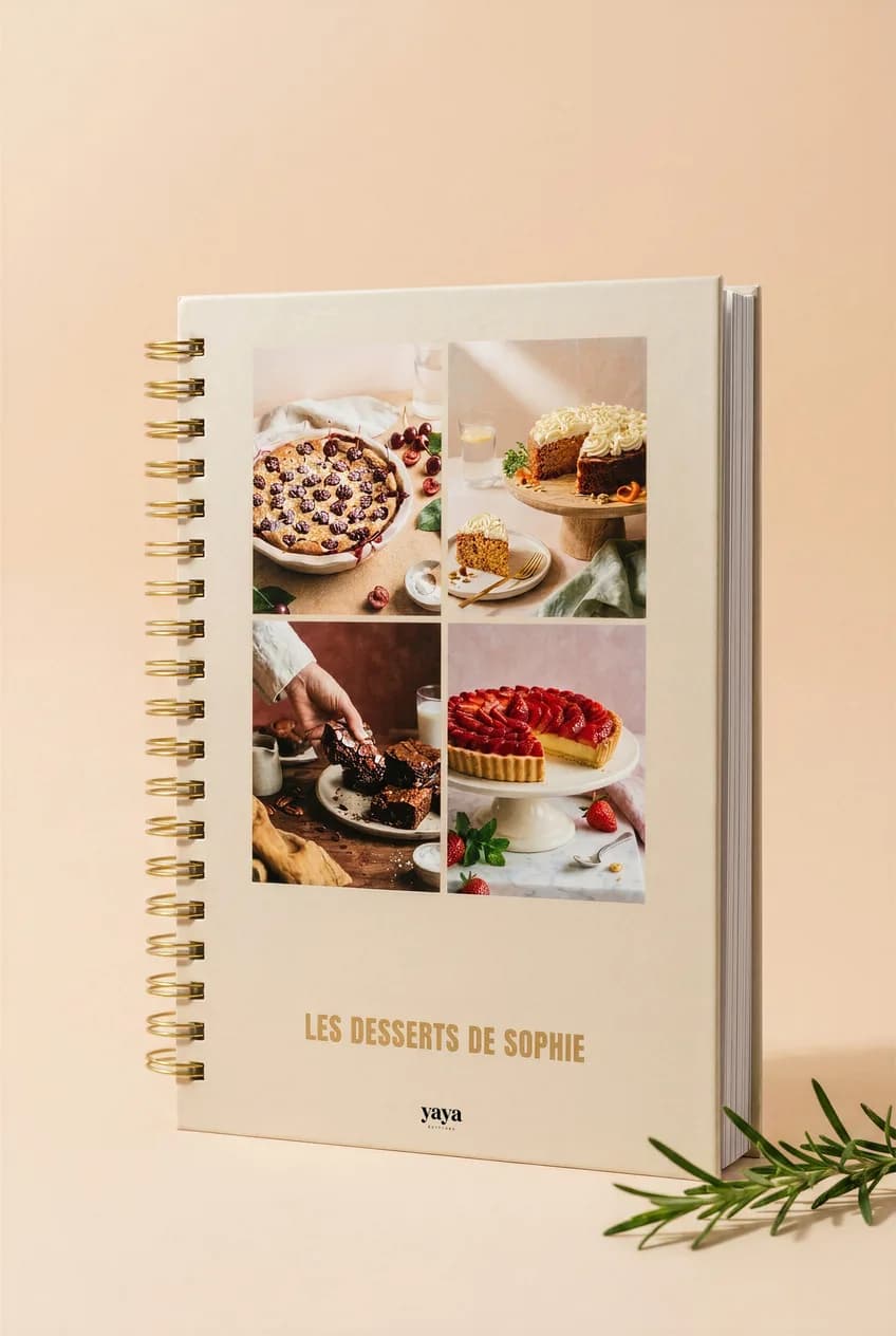 Livre pratique YAYA à reliure spirale dorée, ouvert à plat sur un plan de travail