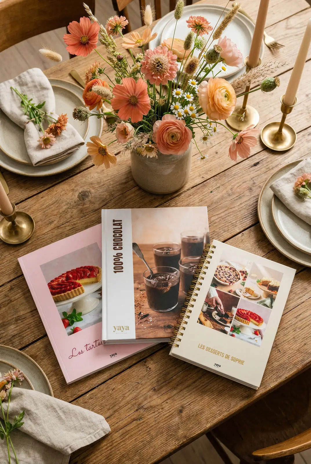 Une table en bois dressée avec trois livres de recettes YAYA dont « Les tartes » et « 100% Chocolat », entourés d'un bouquet de fleurs fraîches, de bougeoirs en laiton et de serviettes en lin, ambiance méditerranéenne chaleureuse