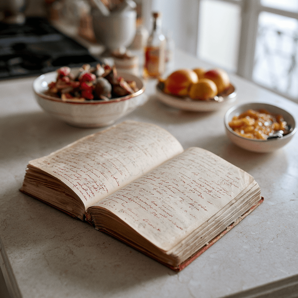 Carnet de recettes manuscrit ouvert sur un plan de travail, écriture rouge encre