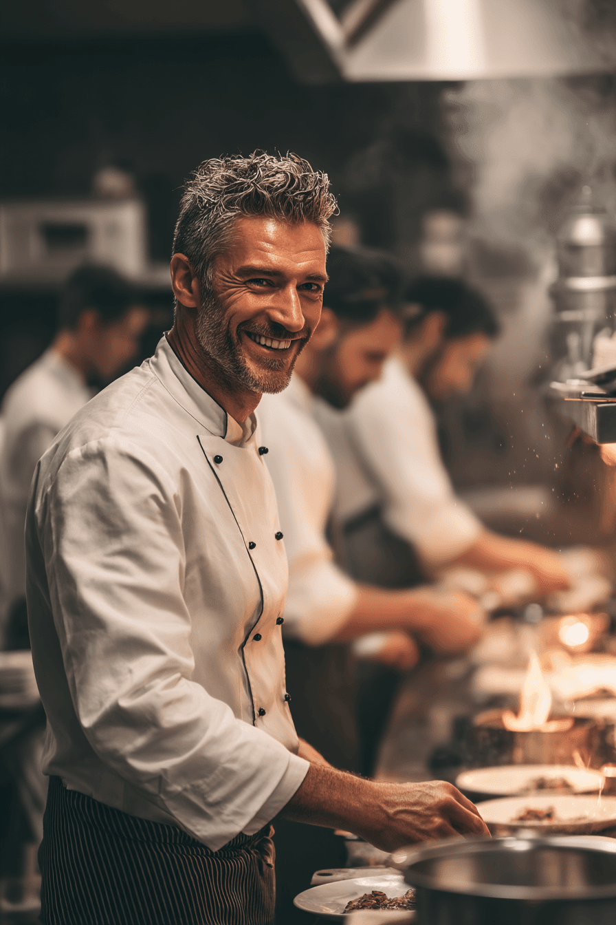 Chef souriant lisant un livre de cuisine, brigade en arrière-plan