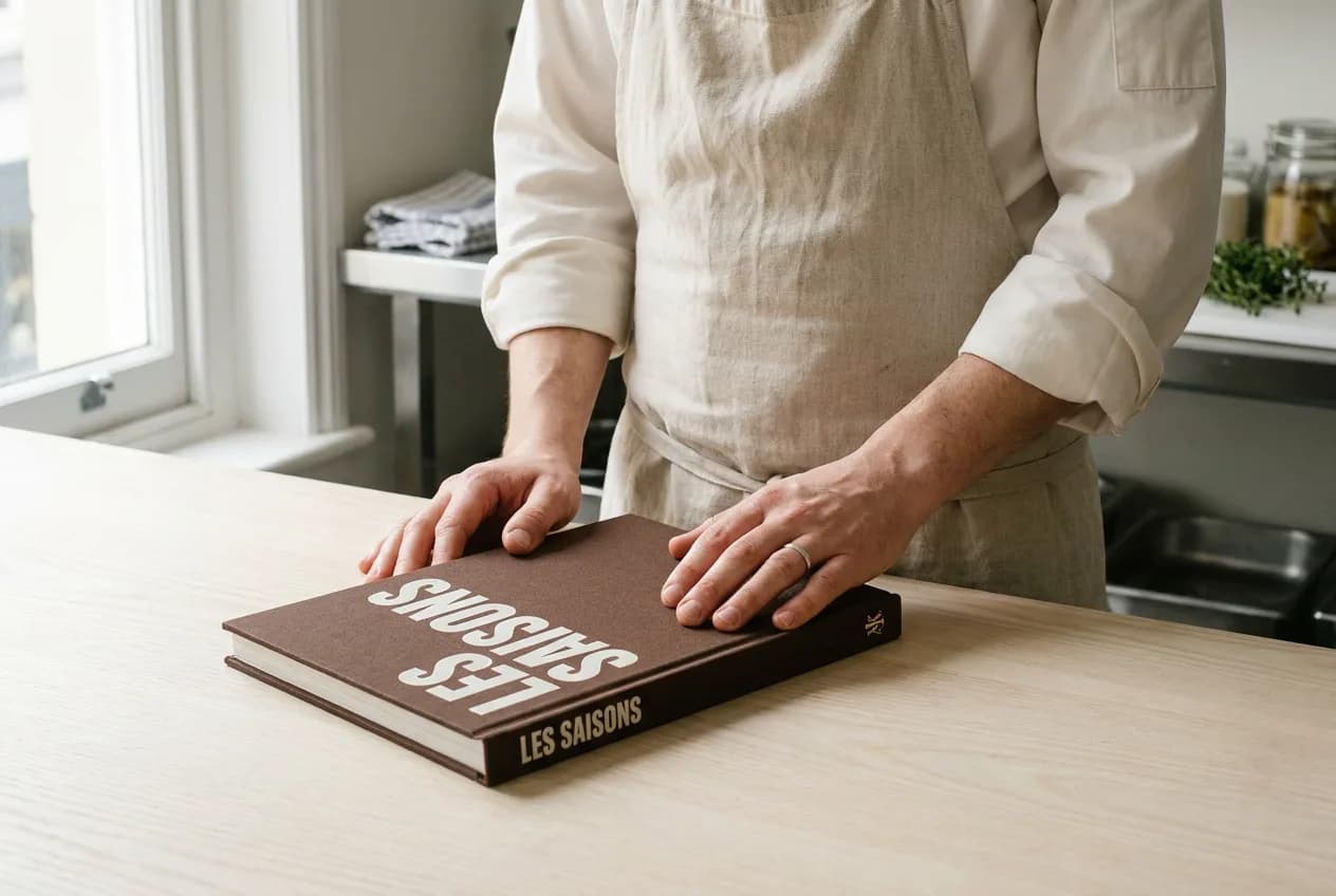 Mains d'un cuisinier posées sur un beau livre de cuisine « Les Saisons », en cuisine professionnelle