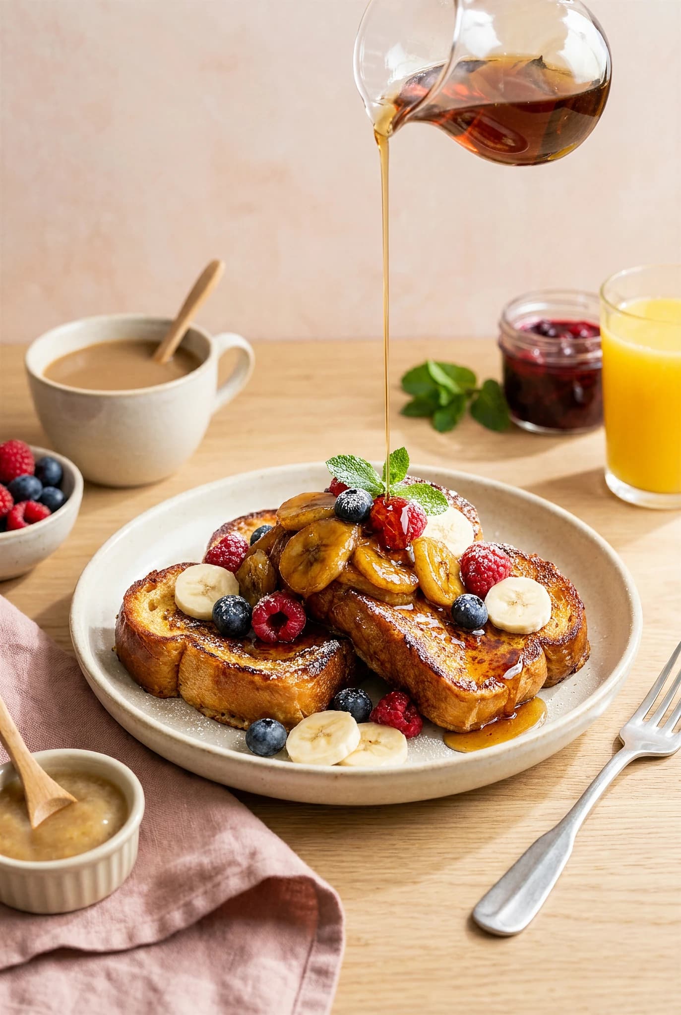 Brioche pain perdu, pommes rôties caramel